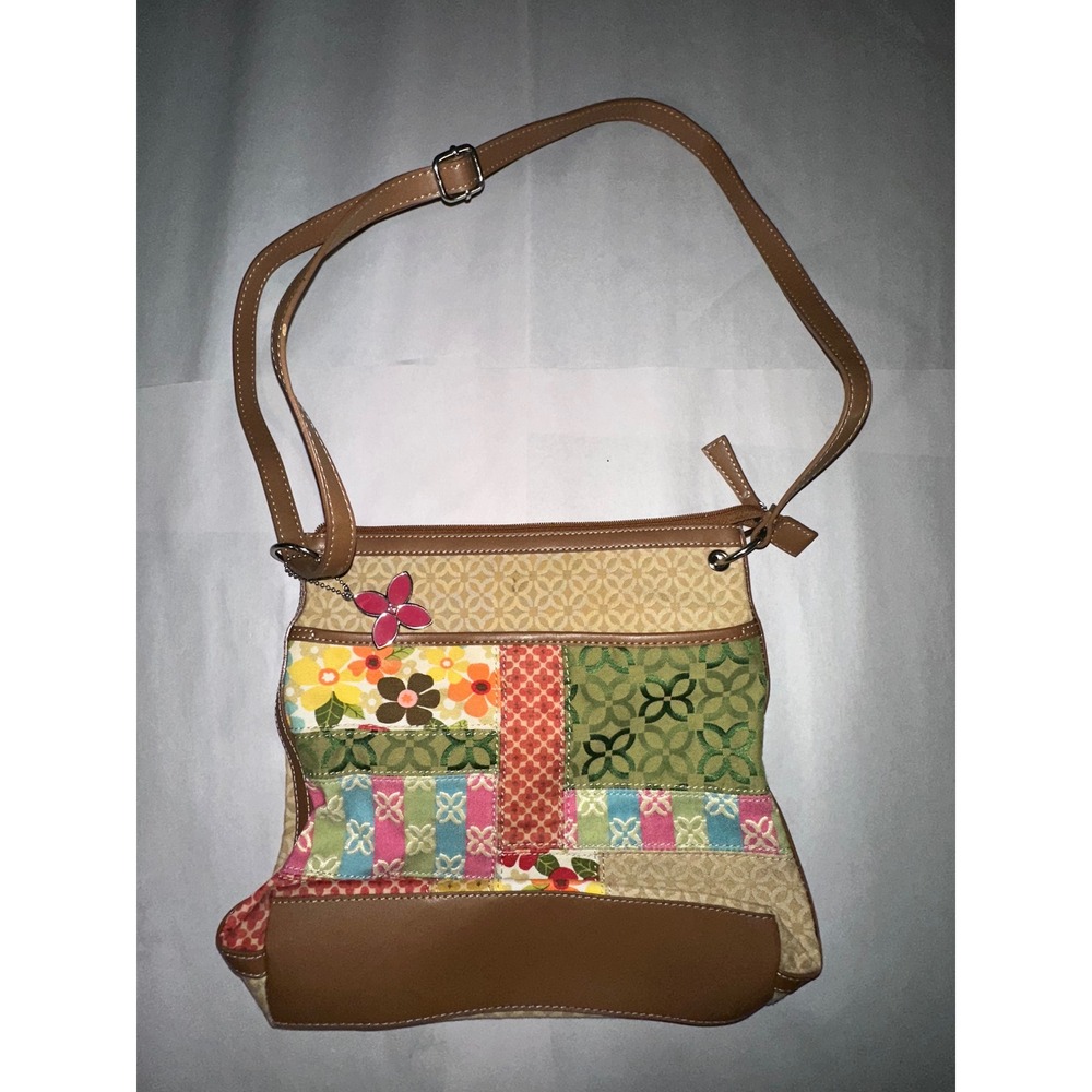 Relic Patchwork Floral Crossbody Bag Brown Canvas Faux Leather Trim Multi Color